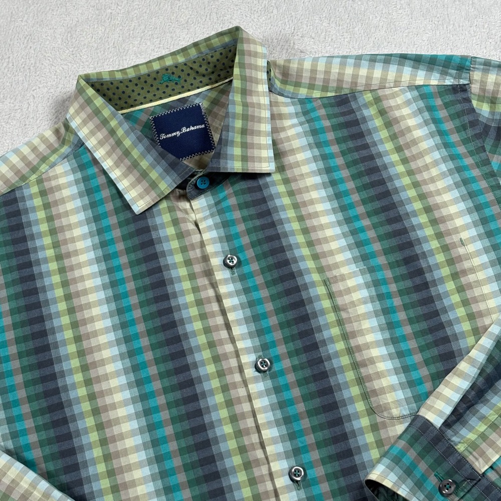 Tommy Bahama Mens XL Plaid Button Down Shirt Green Teal Cotton Long Sleeve